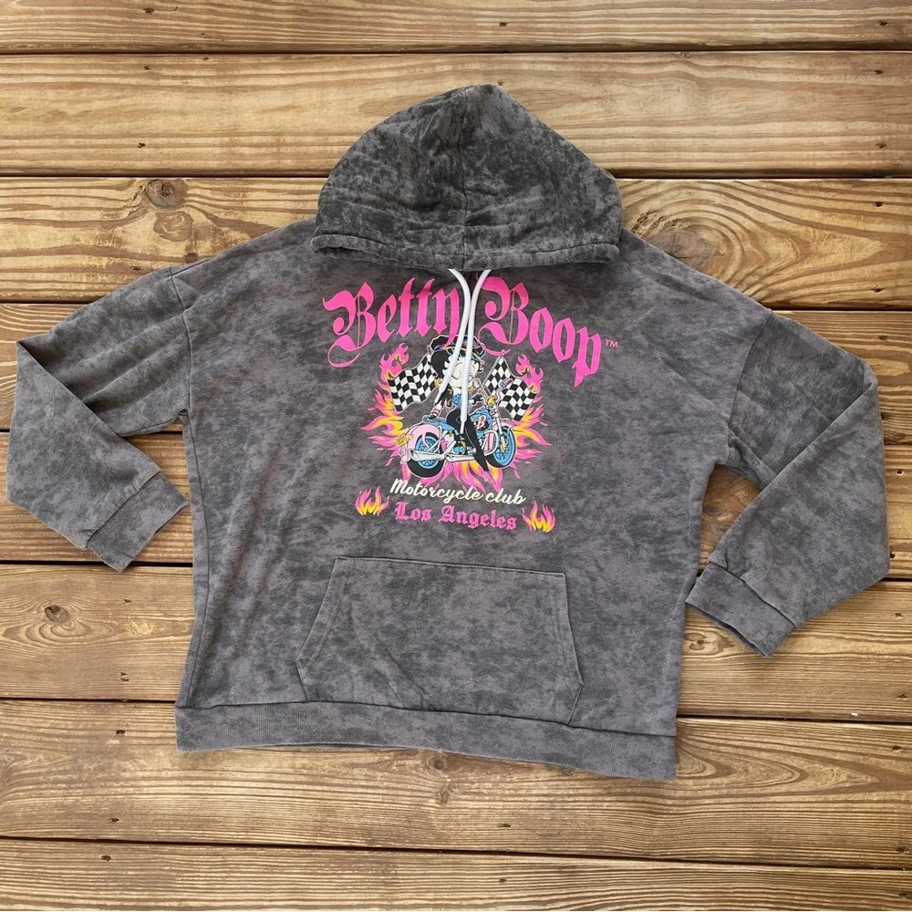 Betty Boop Graphic Hoodie Women’s L Y2K Biker Motorcycle Acid Wash Sweatshirt - Picture 1 of 9